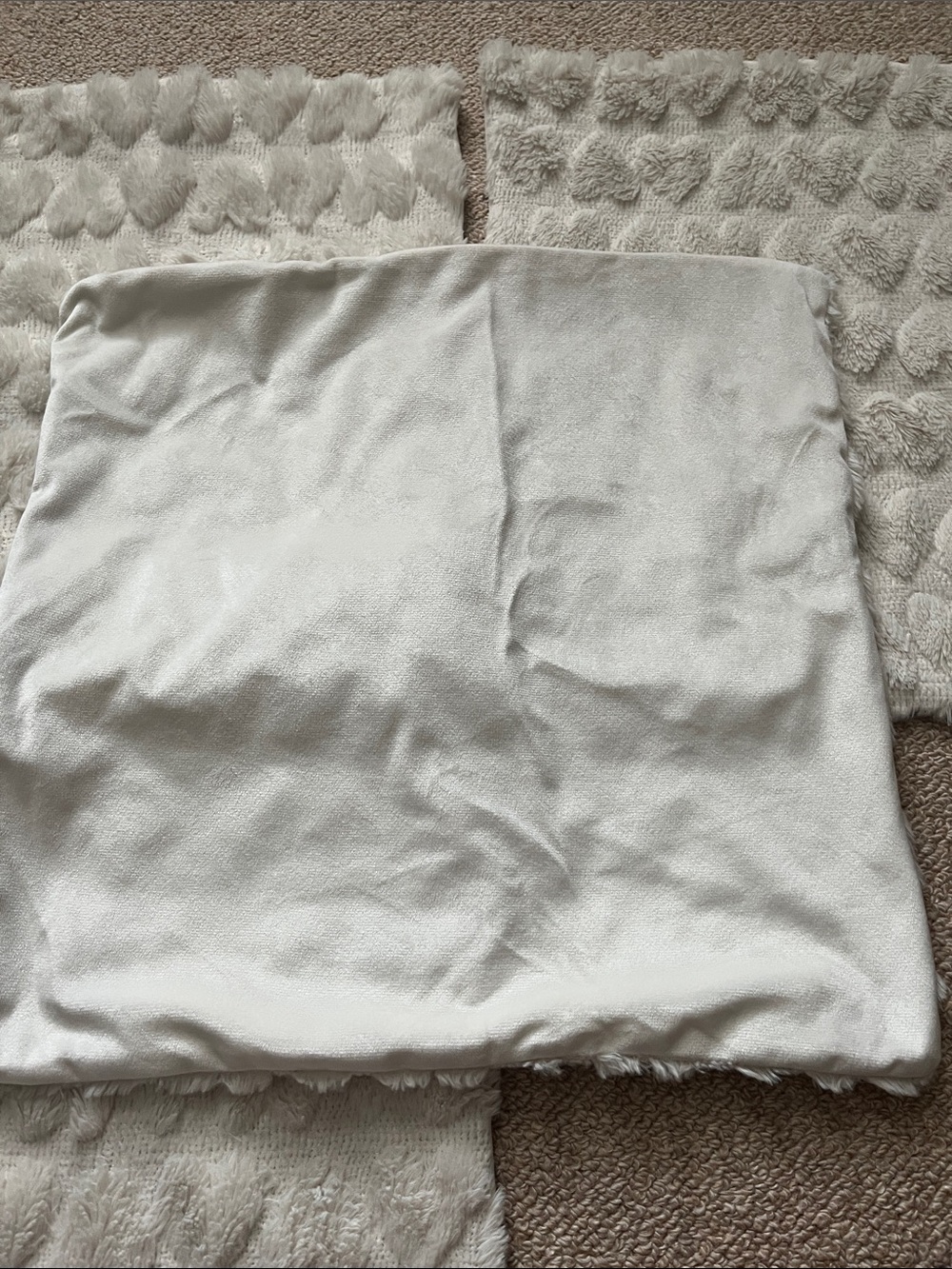 Set of 4 Soft Cream Textured Plush Heart 16x16 Accent Pillow Cover Set - Picture 2 of 4